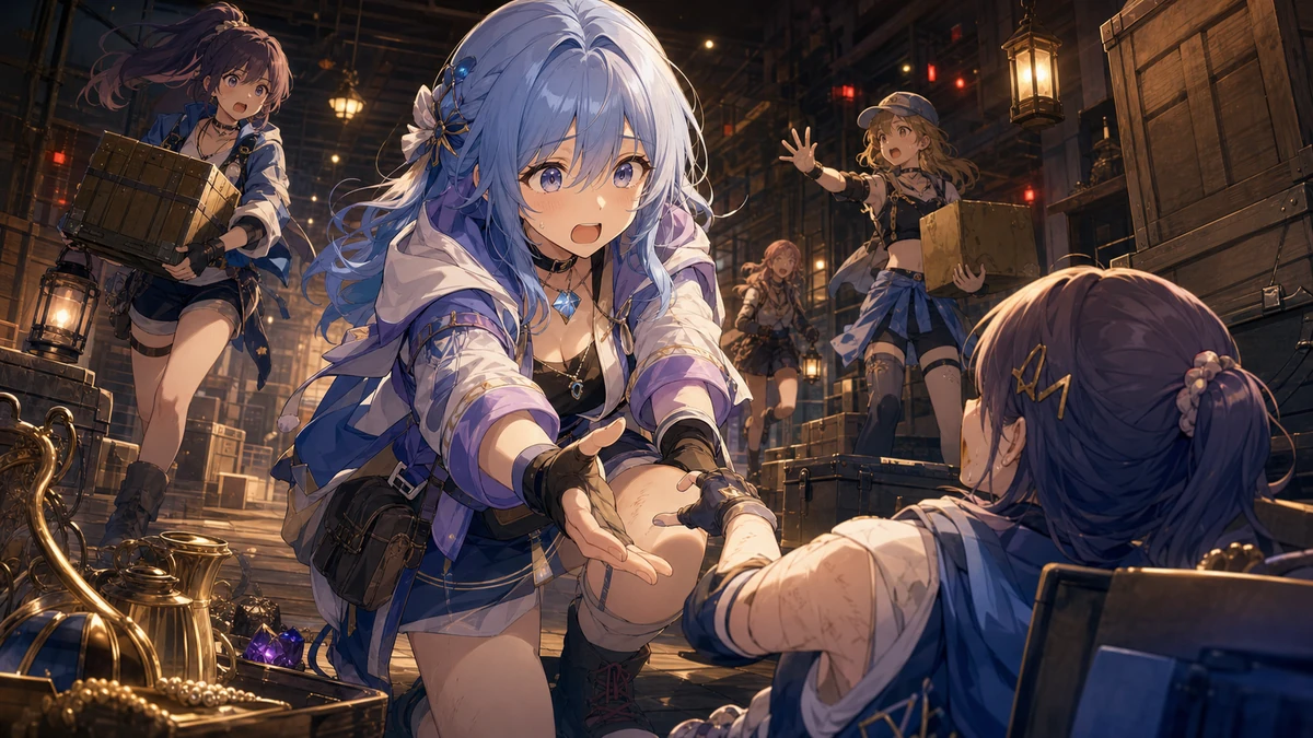 暗い倉庫で驚きながら仲間を助けるかわいいオリジナル女性キャラクターのイメージ