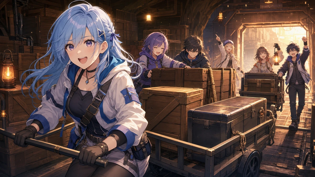 仲間と大きな荷物を運んで脱出口へ向かうかわいいオリジナル女性キャラクターのイメージ