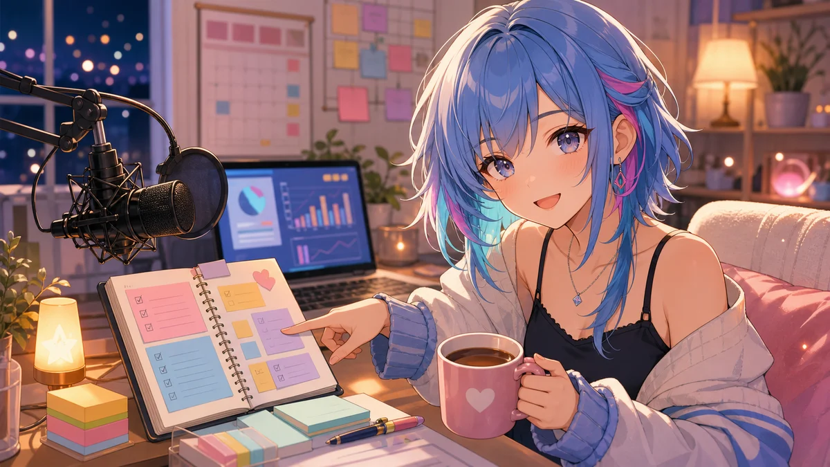 深夜の配信部屋でメモ帳とスケジュールを見ながら笑顔で話す青い髪の女性キャラクターのイメージ