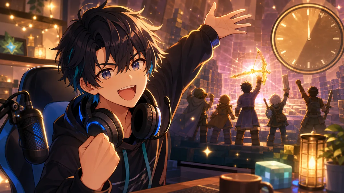 残り5秒の突破を振り返る配信部屋風のオリジナル男性キャラクターのイメージ