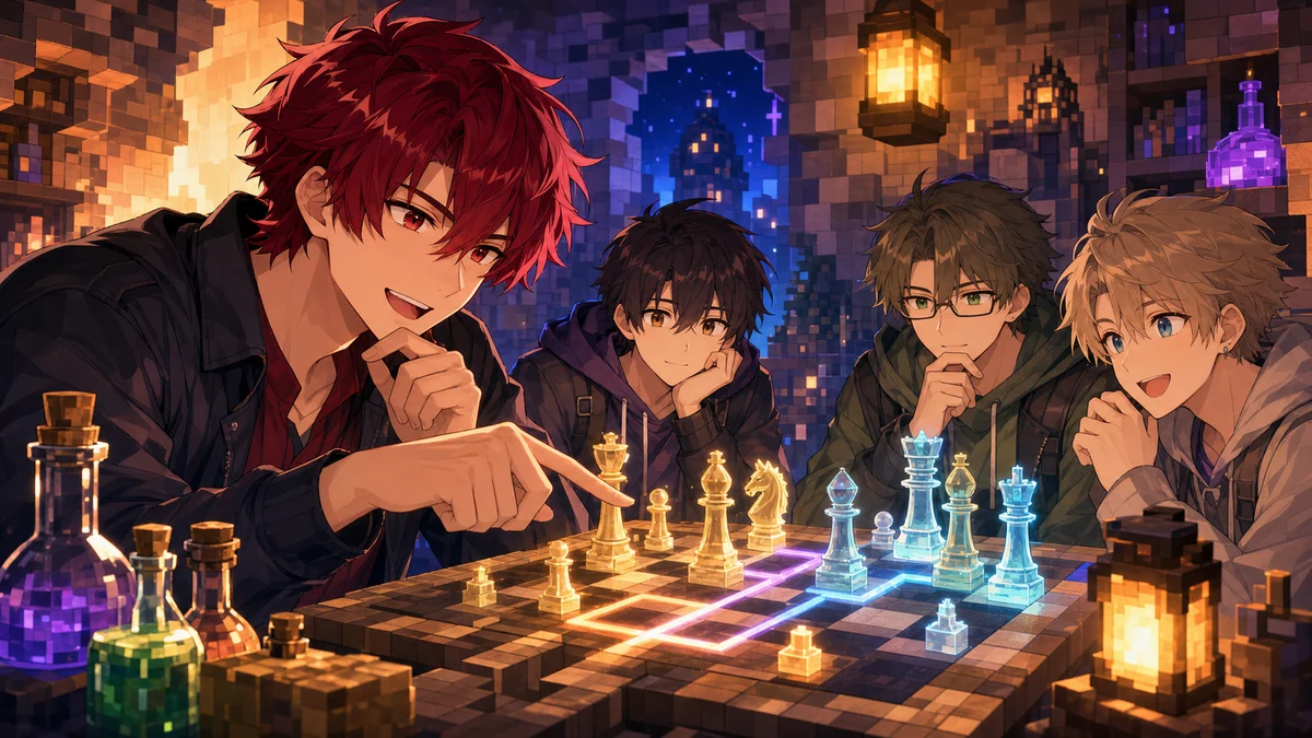 4層チェスの盤面を前に作戦を相談するオリジナル男性キャラクターたちのイメージ