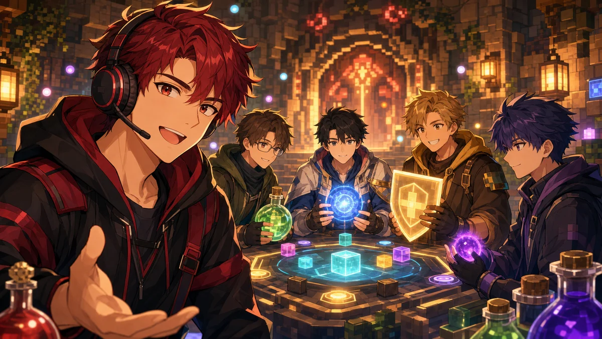 VC相談とボス前準備で役割を分けるオリジナル男性キャラクターたちのイメージ