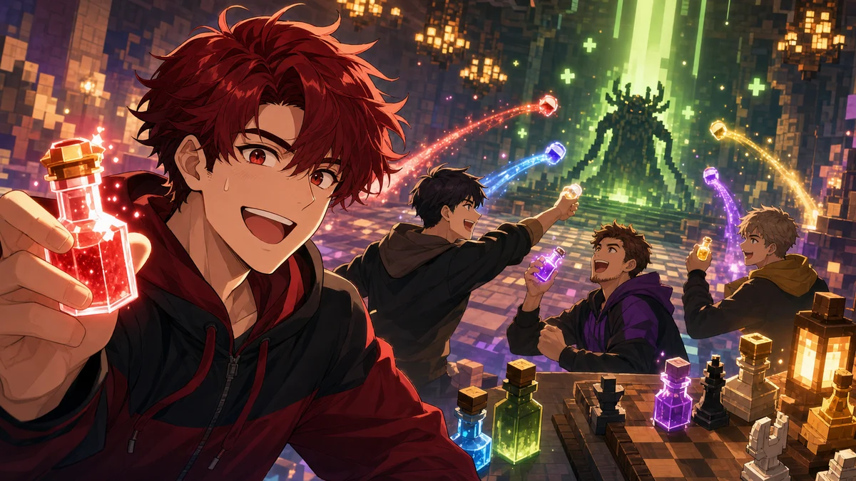 グレと火力が噛み合う終盤のボス戦を明るく描くオリジナル男性キャラクターたちのイメージ