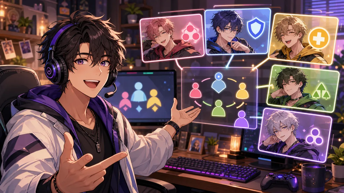 明るい配信部屋で男性プレイヤーが仲間の通話画面とゲーム画面を見比べるイメージ