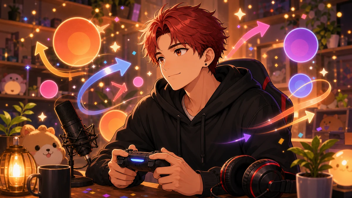 温かい配信部屋でコーチングメモと抽象的な対戦ゲージを見返す男性キャラクターのイメージ