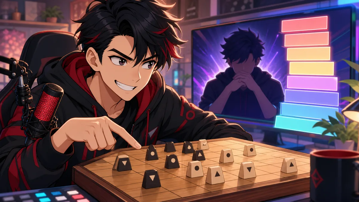 将棋盤を前に強気で挑む男性配信者風オリジナルキャラクターのイメージ