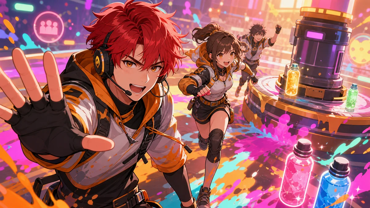 カラフルな抽象インクのステージで男性キャラクターが仲間に合図する