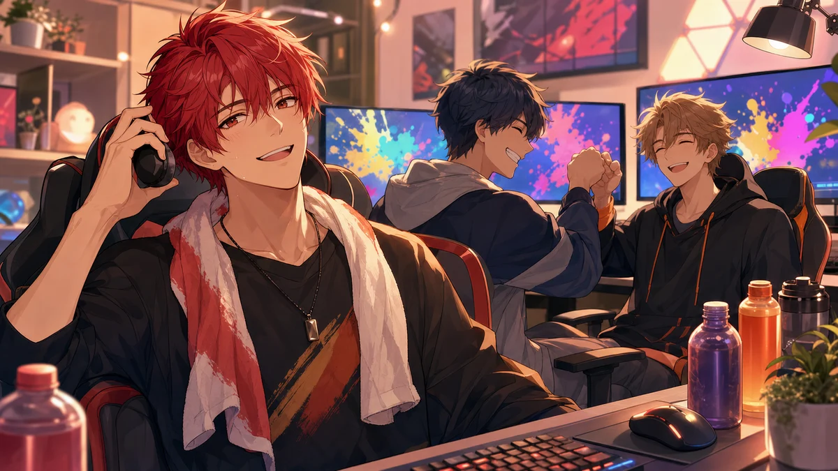 ゲーム練習後の明るい配信部屋で男性キャラクターがヘッドセットを外して笑う