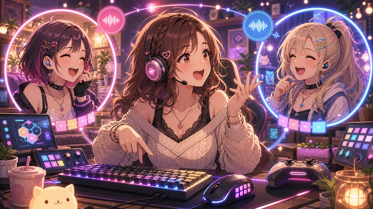 三人分のボイスチャット画面とゲーム用デスクを前に笑うオリジナル女性キャラクターたちのイメージ