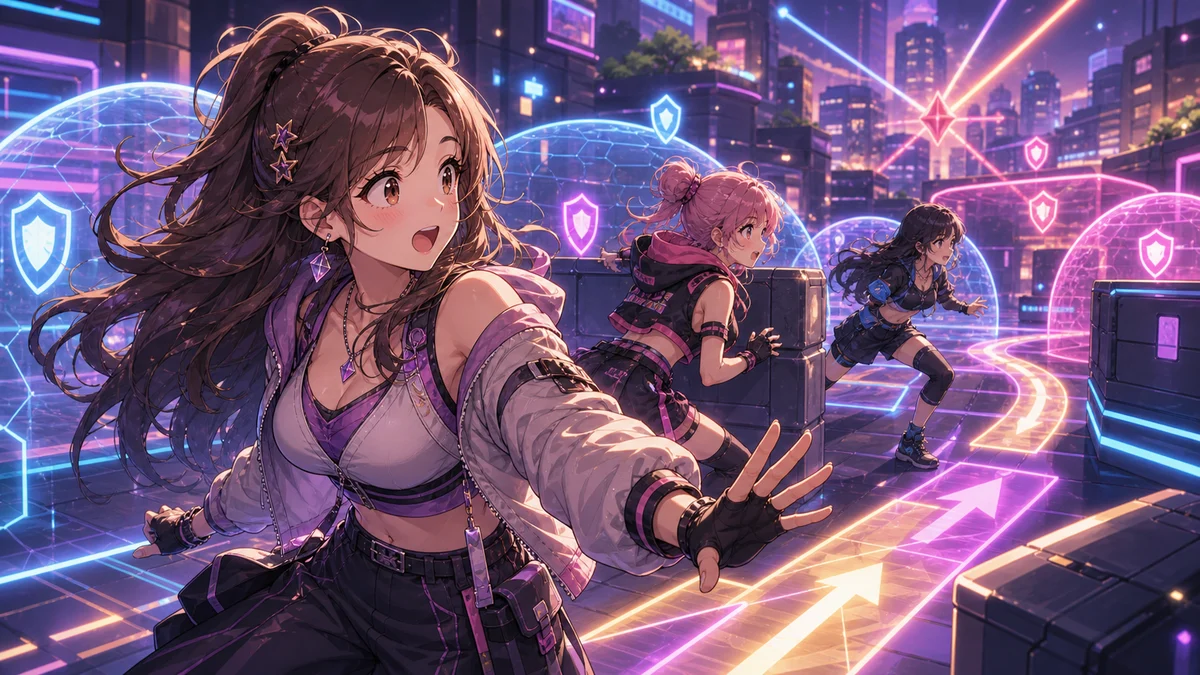 明るい未来都市の戦場で味方をカバーしながら移動するオリジナル女性キャラクターたちのイメージ