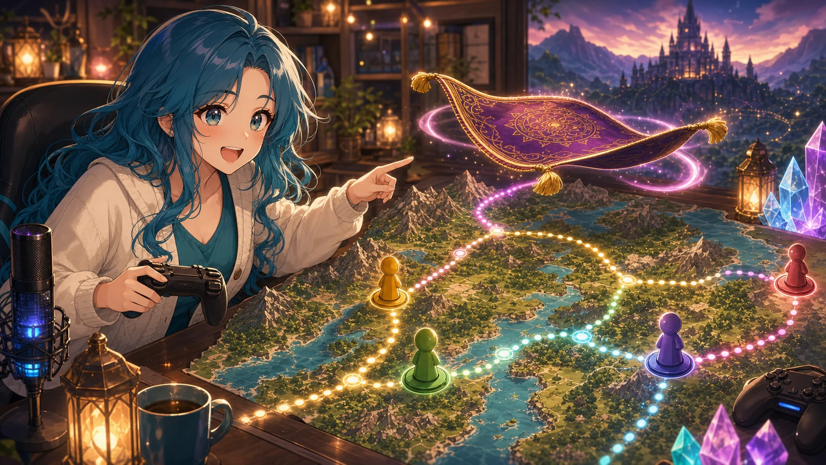 明るい配信部屋で空飛ぶじゅうたんと広がった地図を確認するオリジナルキャラクターのイメージ