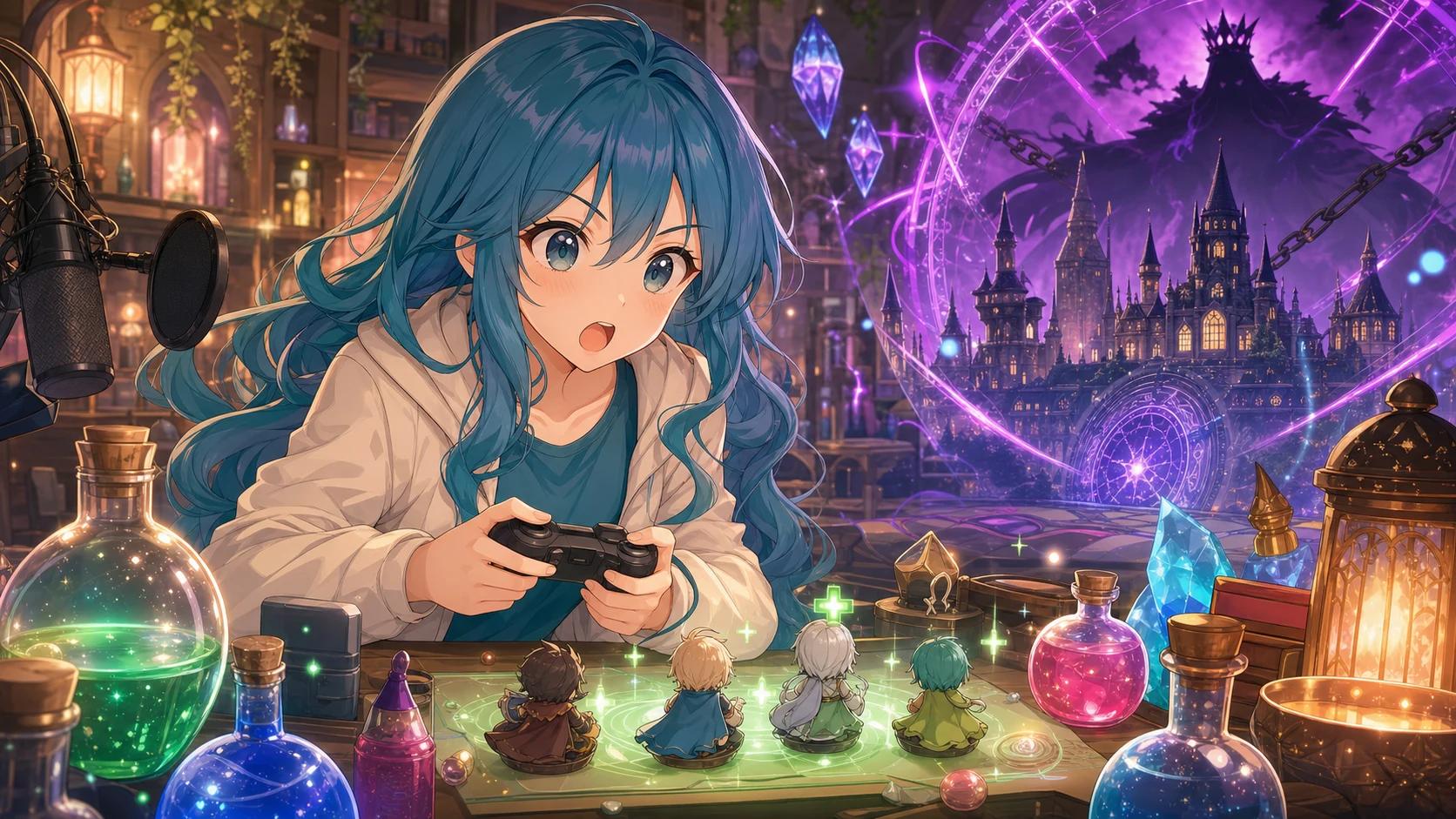 魔法研究室風の明るい城内で光る魔法陣と回復アイテムを前に身構えるオリジナルキャラクターのイメージ