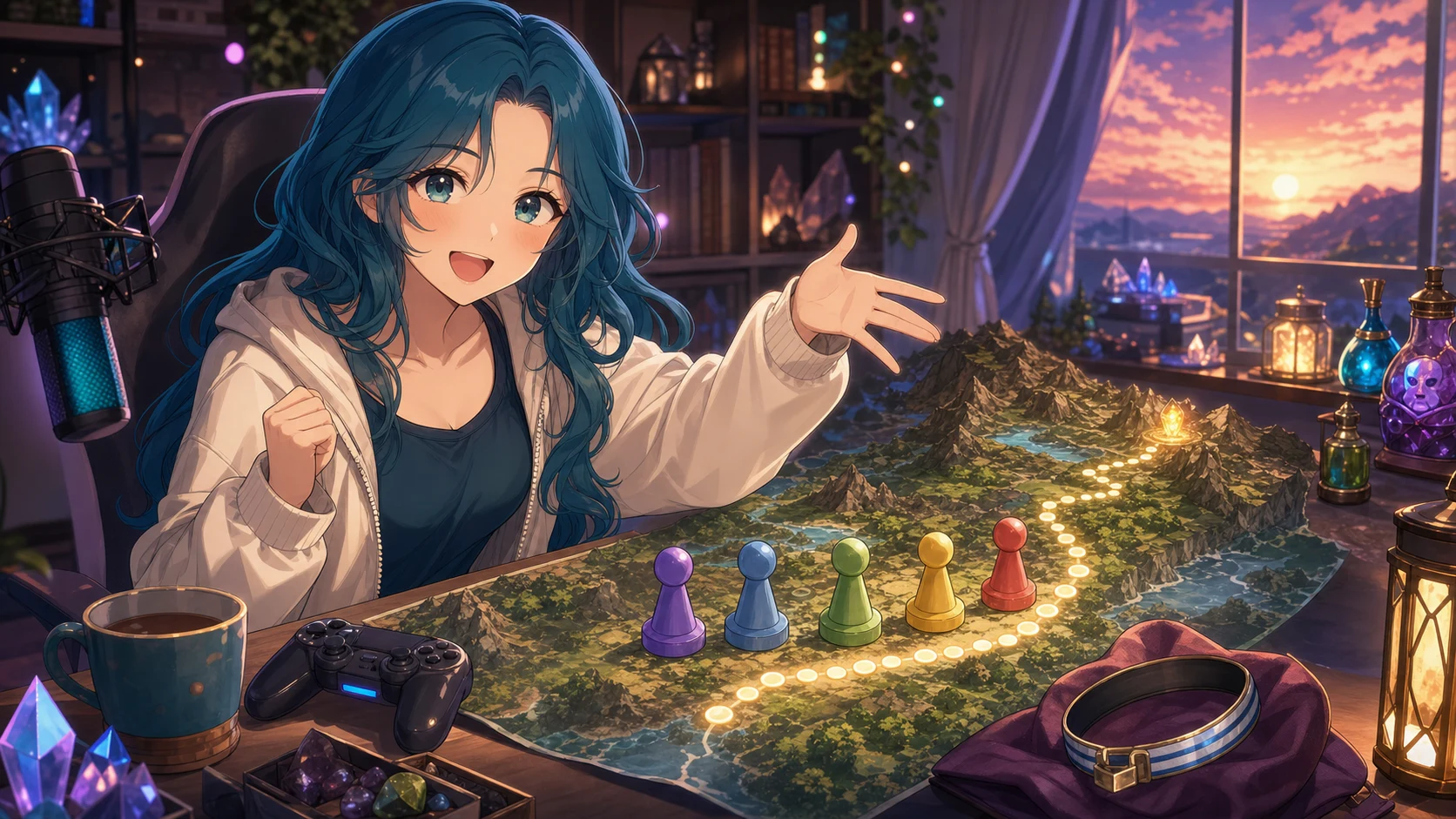 夕方の配信机で仲間トークンと装備アクセサリを並べて次の冒険先を考えるオリジナルキャラクターのイメージ