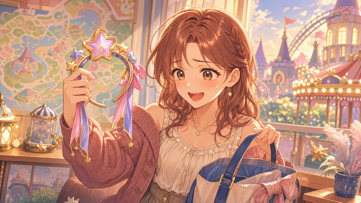 テーマパーク帰りのカチューシャと地図を持つオリジナル女性キャラクターのイメージ