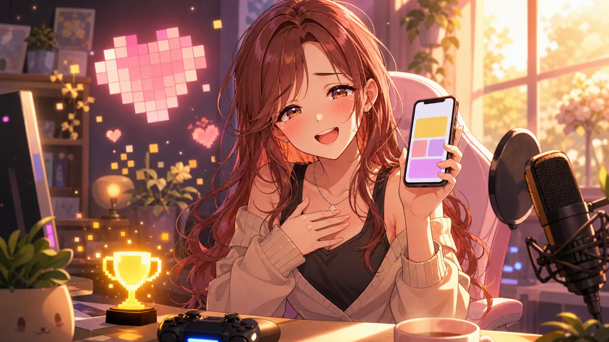 ゲームクリアの余韻と相談コメントを見つめるオリジナル女性キャラクターのイメージ