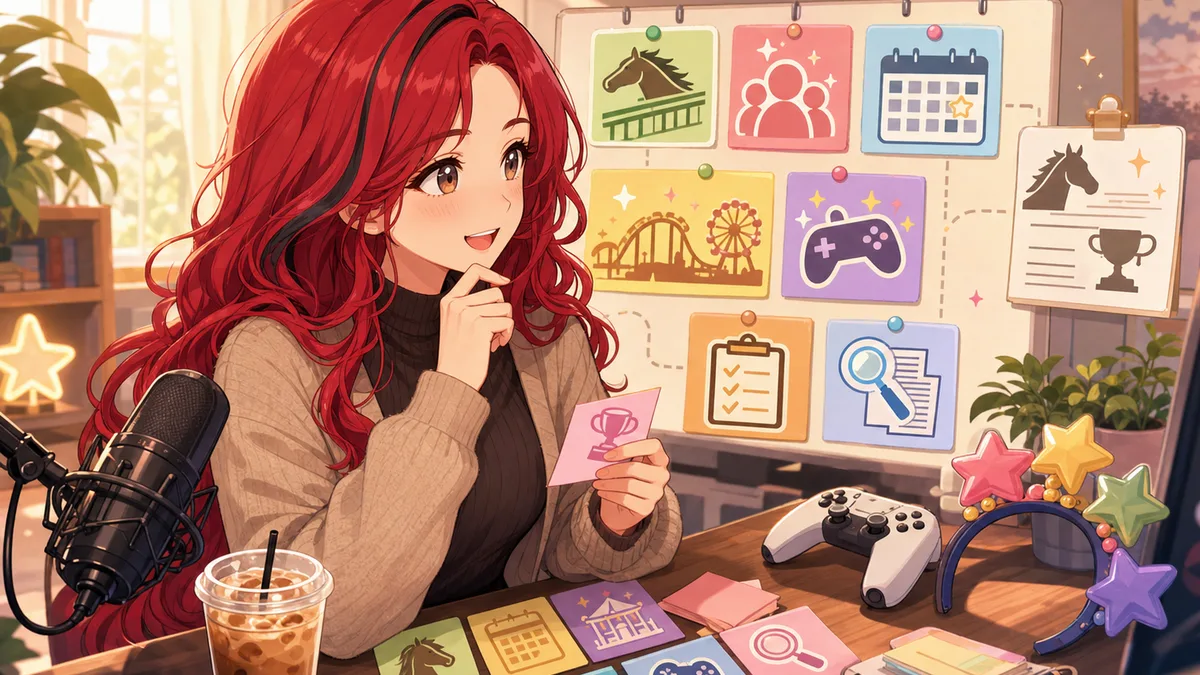 赤い長髪のオリジナル女性キャラクターが配信メモとイベント予定を整理するイメージ