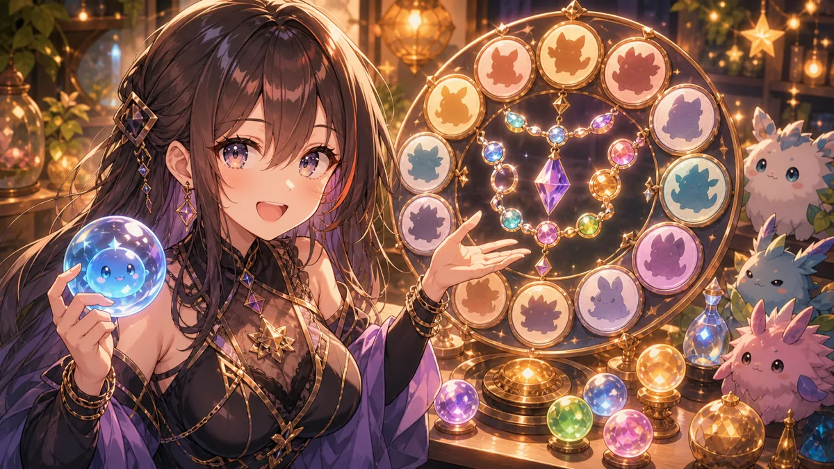モンぷらん管理と図鑑埋めを明るく整理するオリジナル女性キャラクターのイメージ