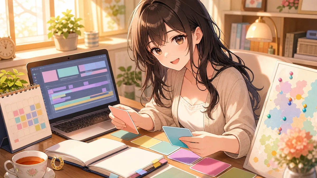 ノートとカレンダーを置いた朝の配信デスクで確認ポイントを整理する女性キャラクター