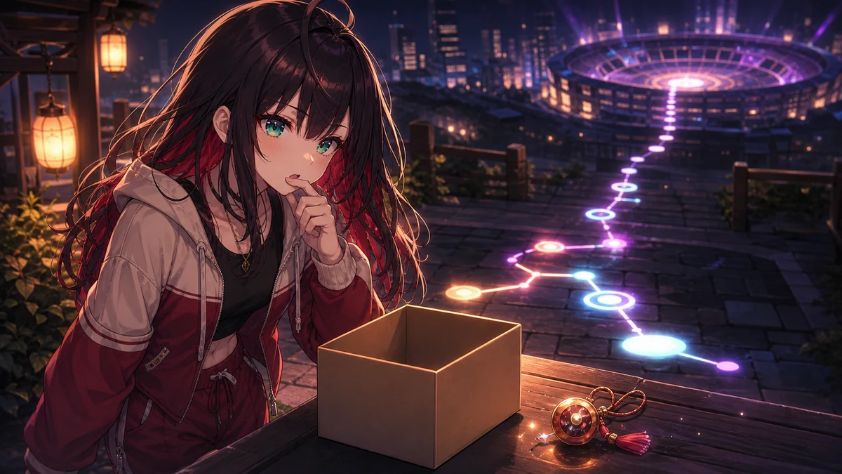 夜の近未来都市で散らばる小箱と警戒する女性キャラクターを描いたサムネイル風イメージ