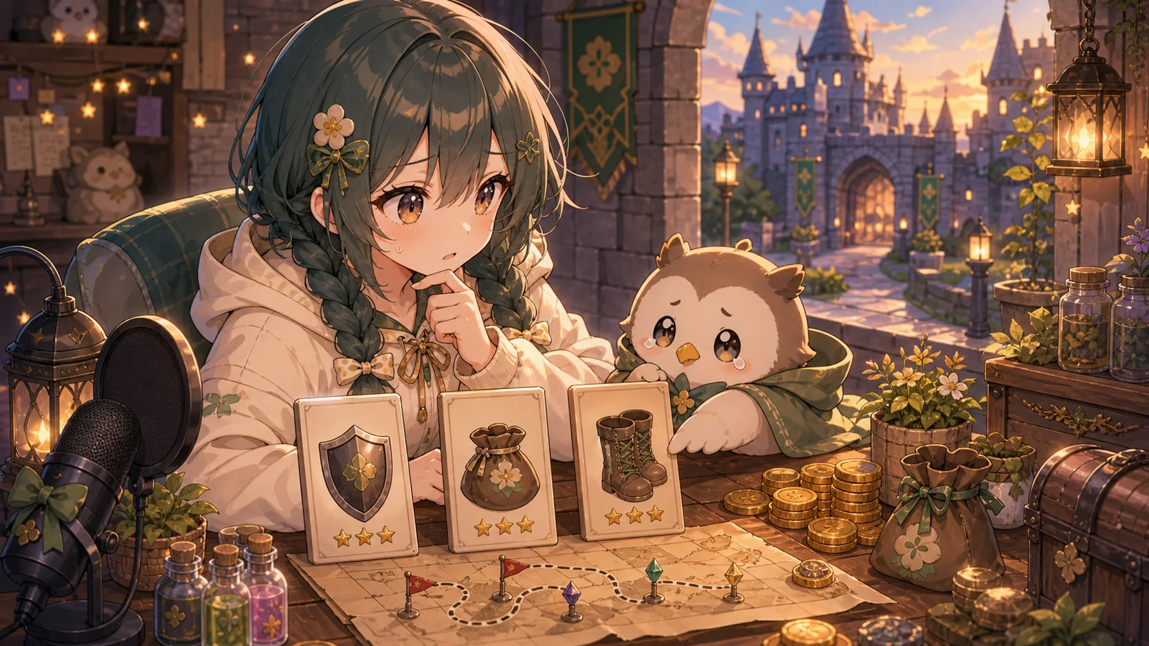 城門を眺めながら装備カードとコインを前に悩むオリジナルキャラクターのイメージ