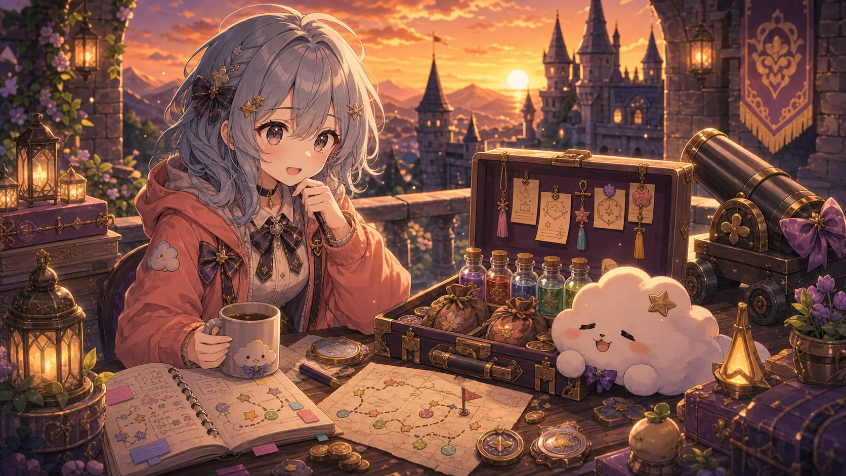夕暮れの古城テラスで大砲型の小物と回復アイテムを整理するオリジナルキャラクターのイメージ