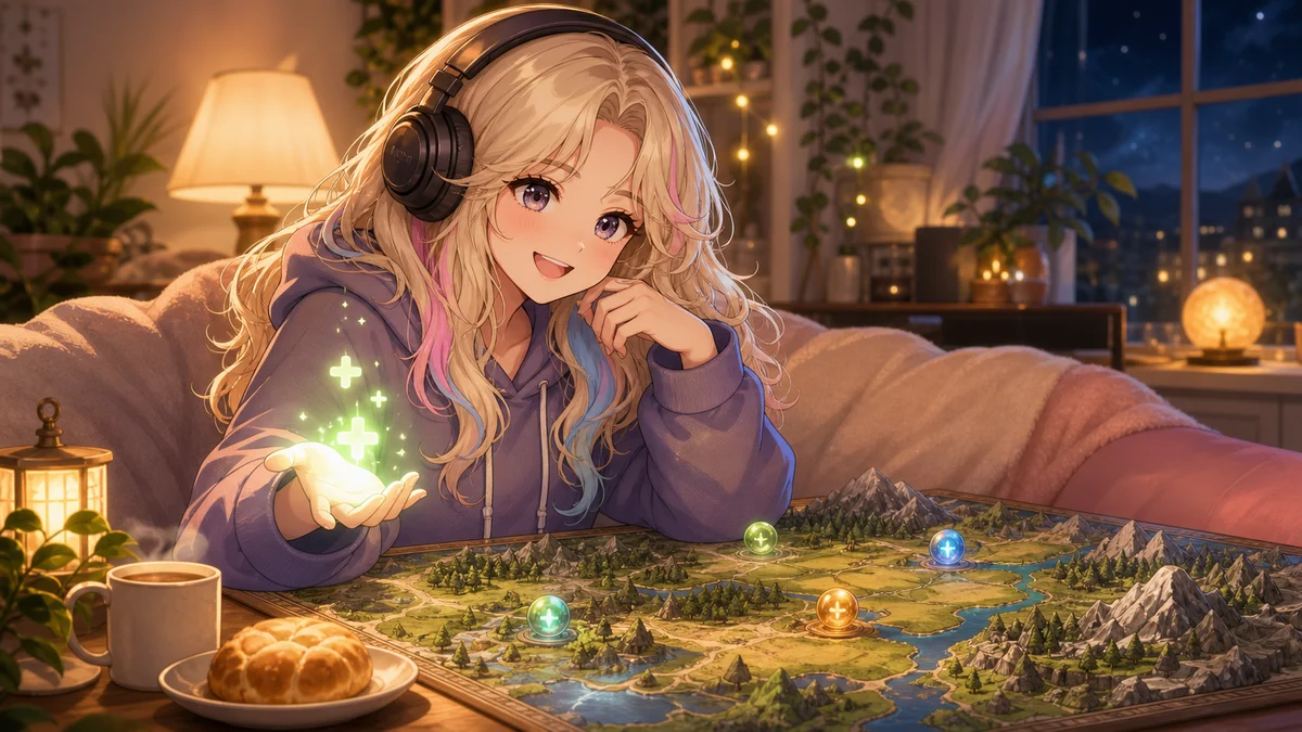 夜の配信部屋で地図盤と回復魔法の光を前に準備する人物