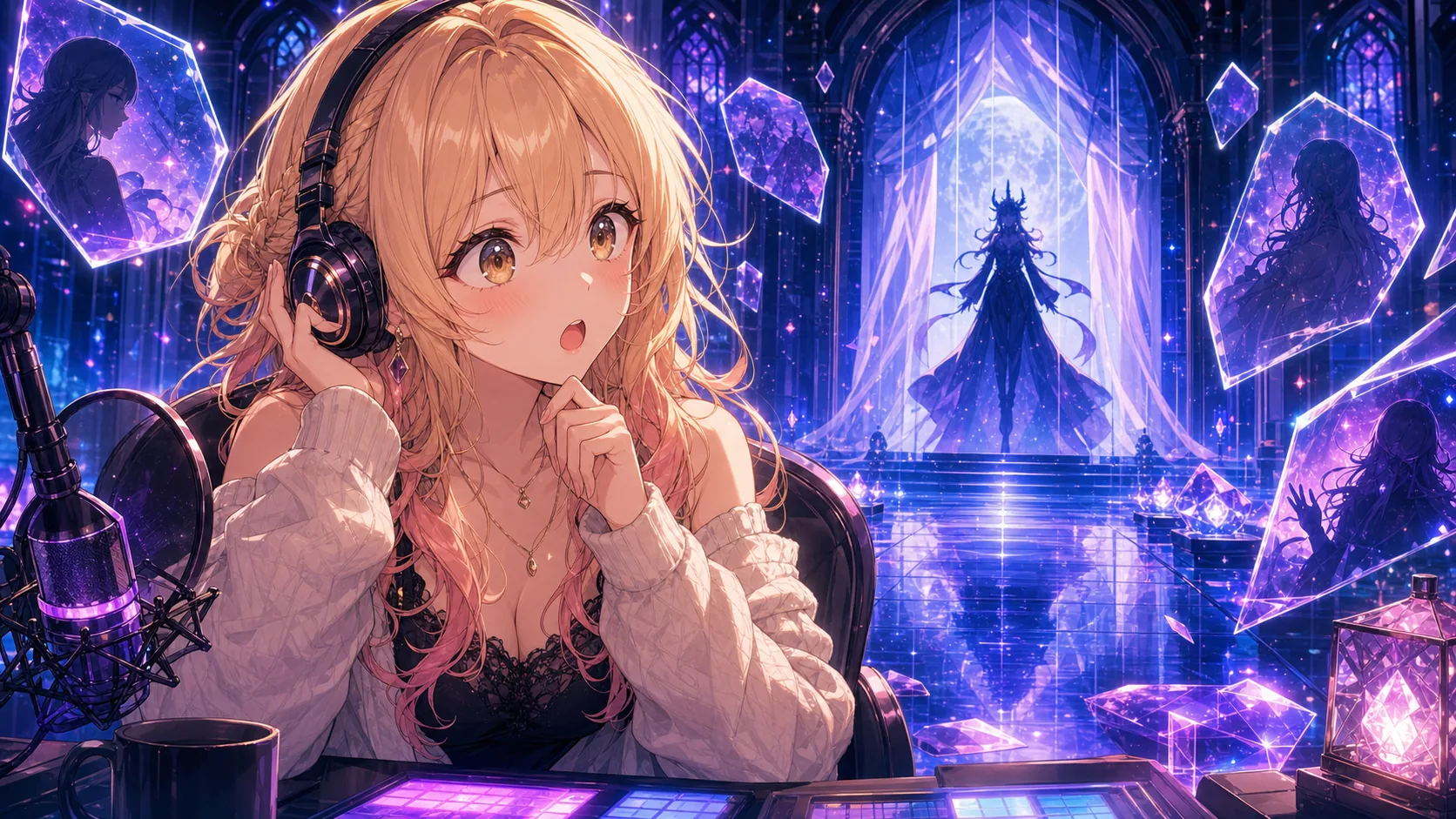 デジタル礼拝堂で重い物語の記憶片に驚くオリジナル女性キャラクターのイメージ