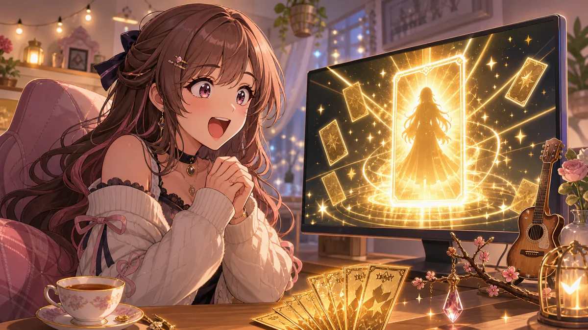 金色の光と中世風の小物に囲まれたオリジナル女性キャラクターが驚くガチャ配信イメージ