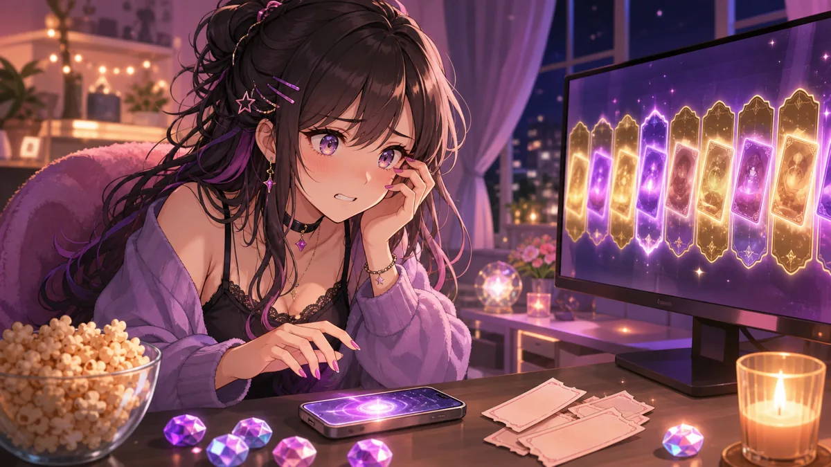 アロマキャンドルやポップコーンを置いた配信机でガチャに祈るオリジナル女性キャラクターのイメージ