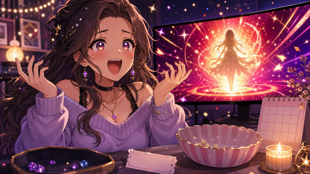 夜の配信部屋で最後の光に驚くオリジナル女性キャラクターと幻想的なカード演出のイメージ