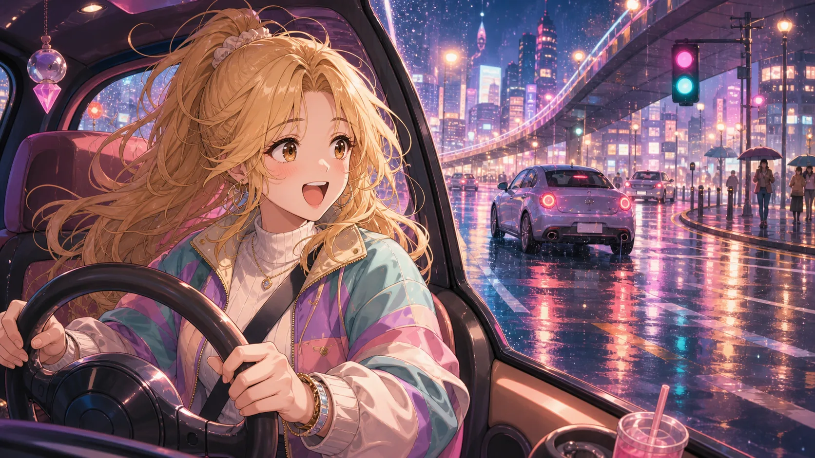 雨のヘテロシティを車で走るオリジナル女性キャラクターのイメージ