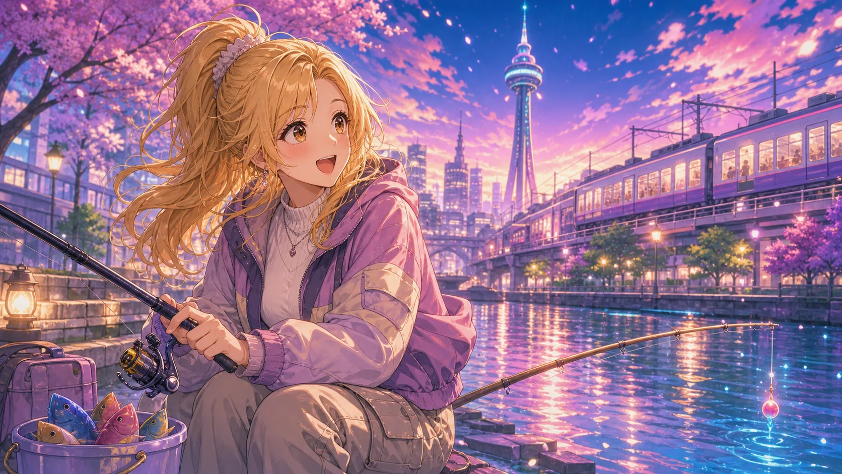 水辺で釣りと列車の景色に驚くオリジナル女性キャラクターのイメージ