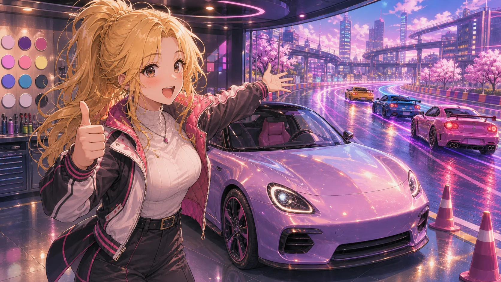 車を選びレースへ向かうオリジナル女性キャラクターのイメージ