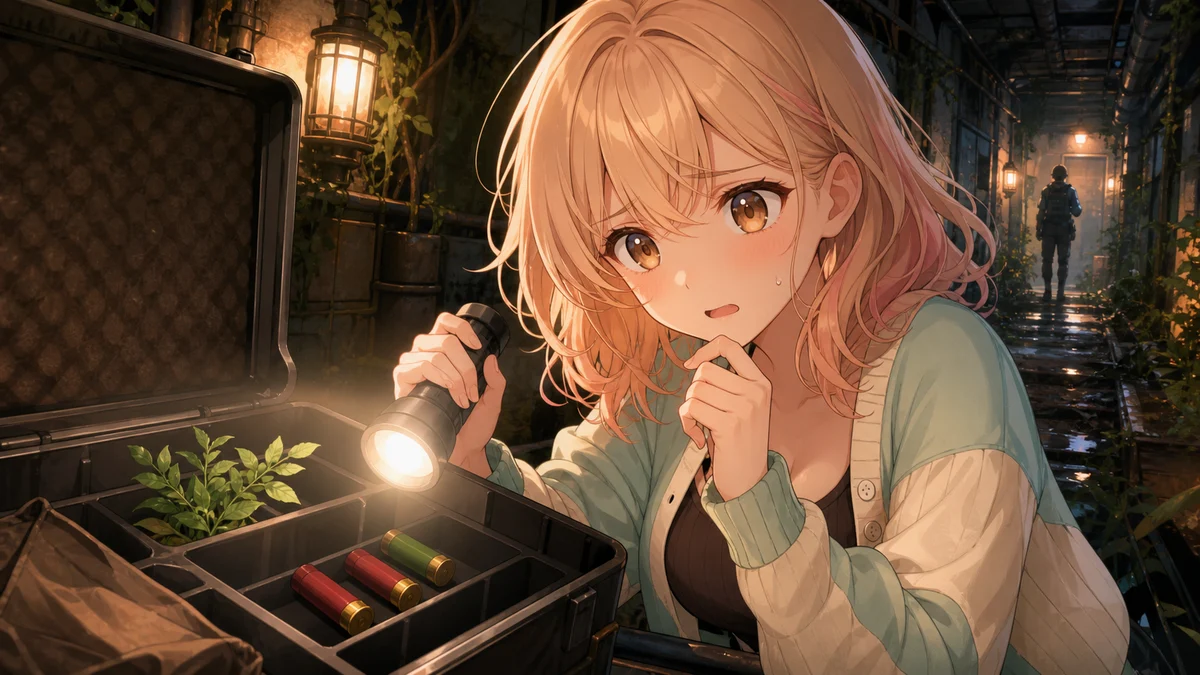弾薬の少ないケースを見ながら暗い島施設へ向かう成人風のオリジナル女性キャラクター