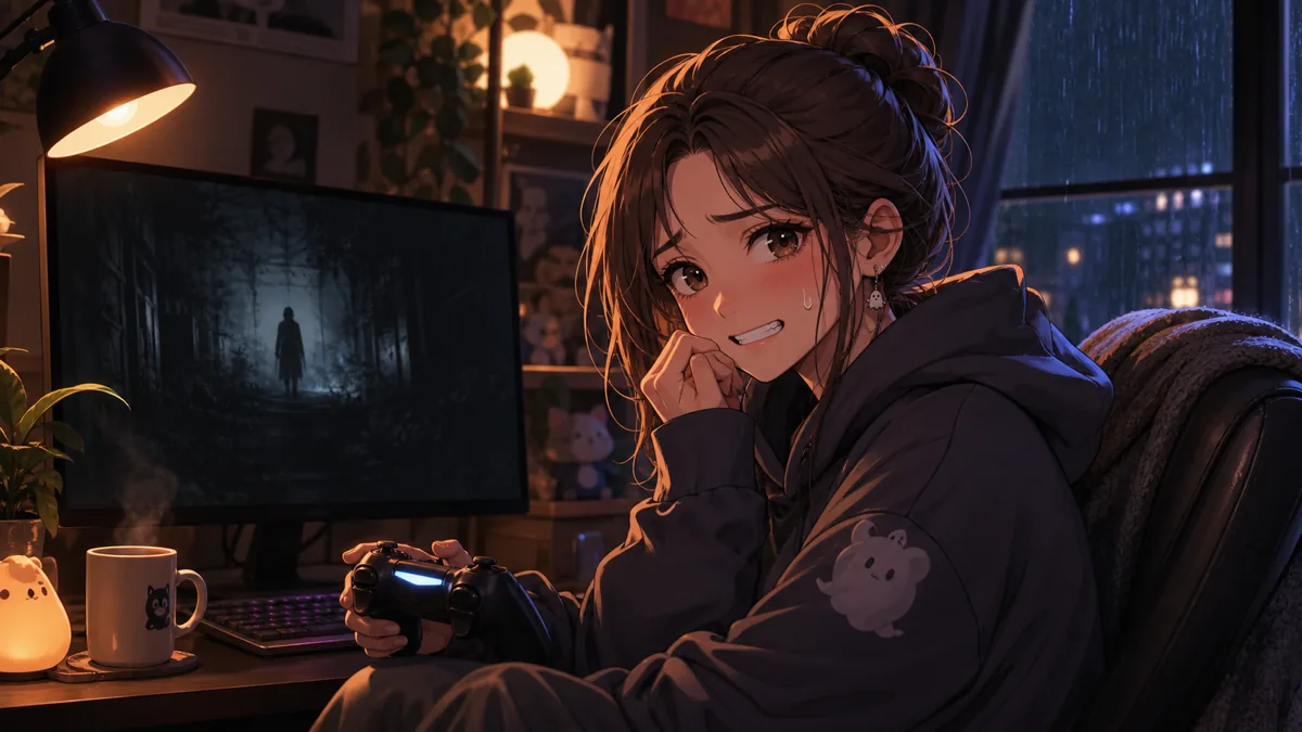 雨の夜にホラーゲーム配信へ向かう女性配信者のイメージ