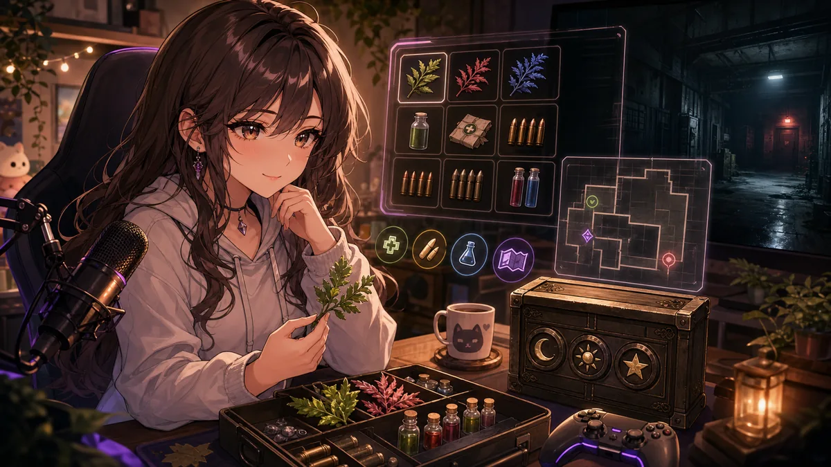 療養所風の探索空間で弾薬と謎解きアイテムを整理する女性配信者のイメージ