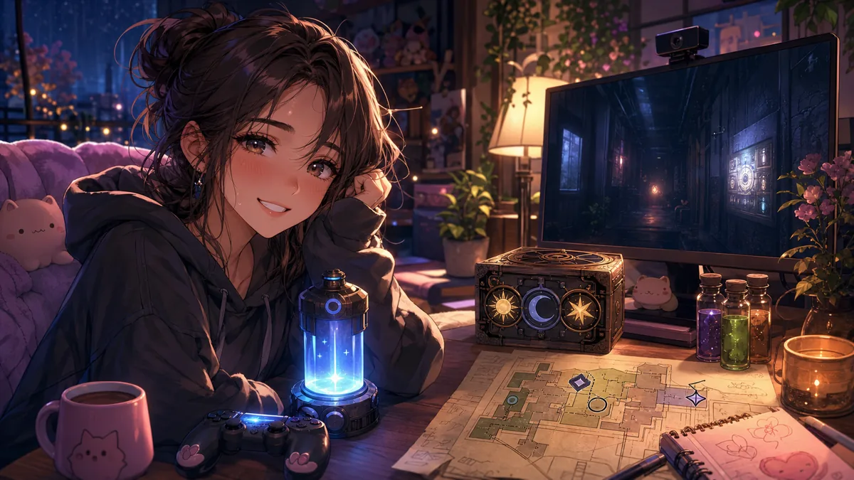 長時間配信の終盤にホラーゲーム画面とメモを見比べる女性配信者のイメージ