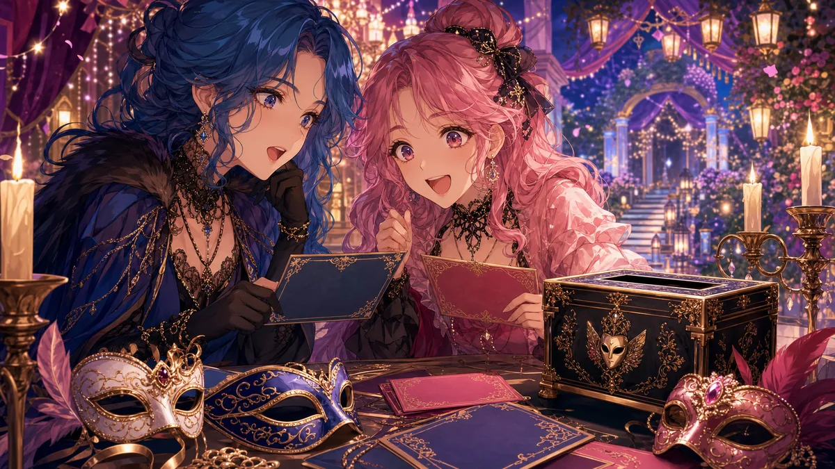 仮面舞踏会風の推理イベントと新アトラクション告知を思わせるオリジナル女性二人組