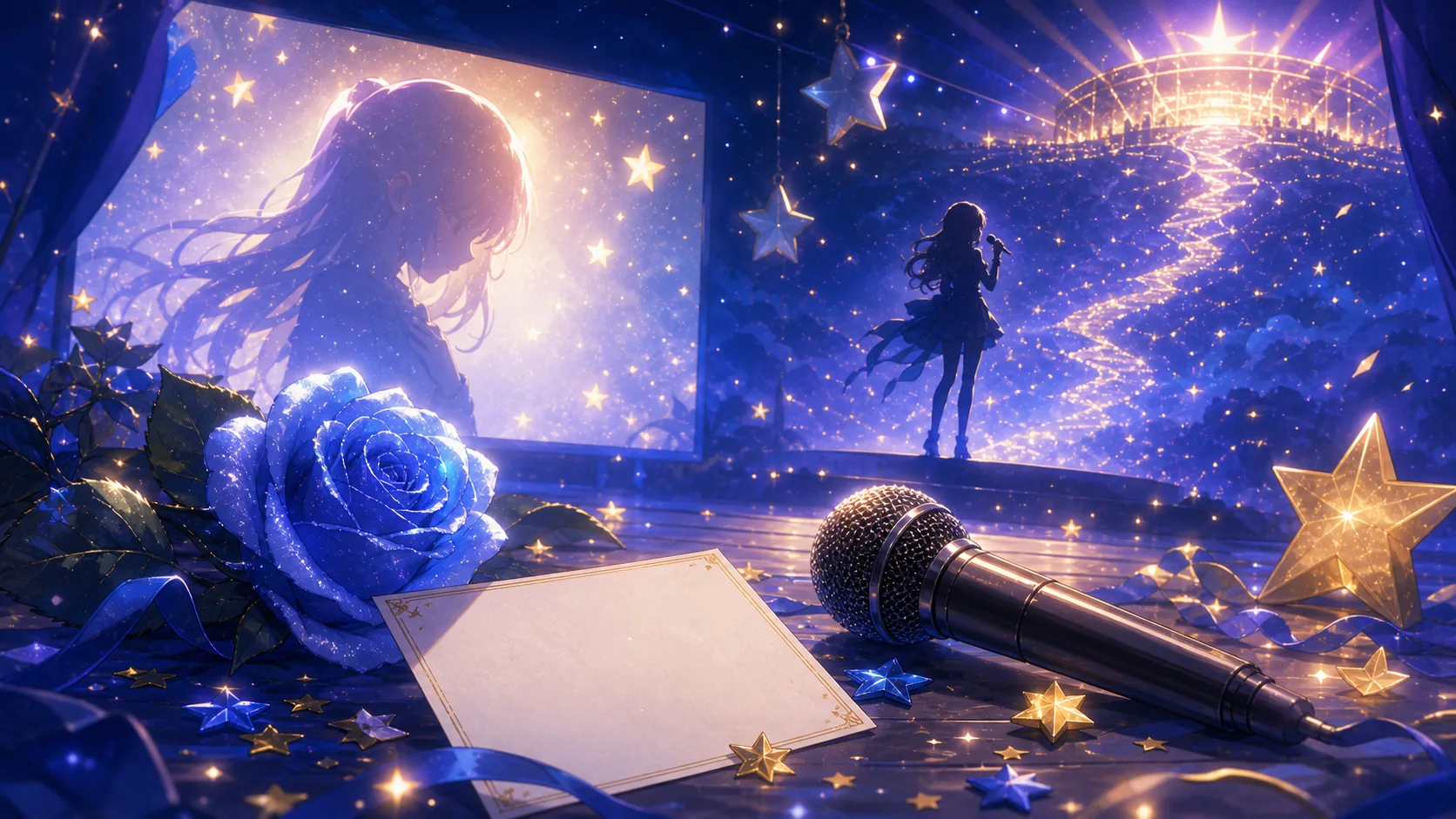 星街すいせいのモニタリングドッキリ終盤をイメージした青い薔薇とステージの挿絵