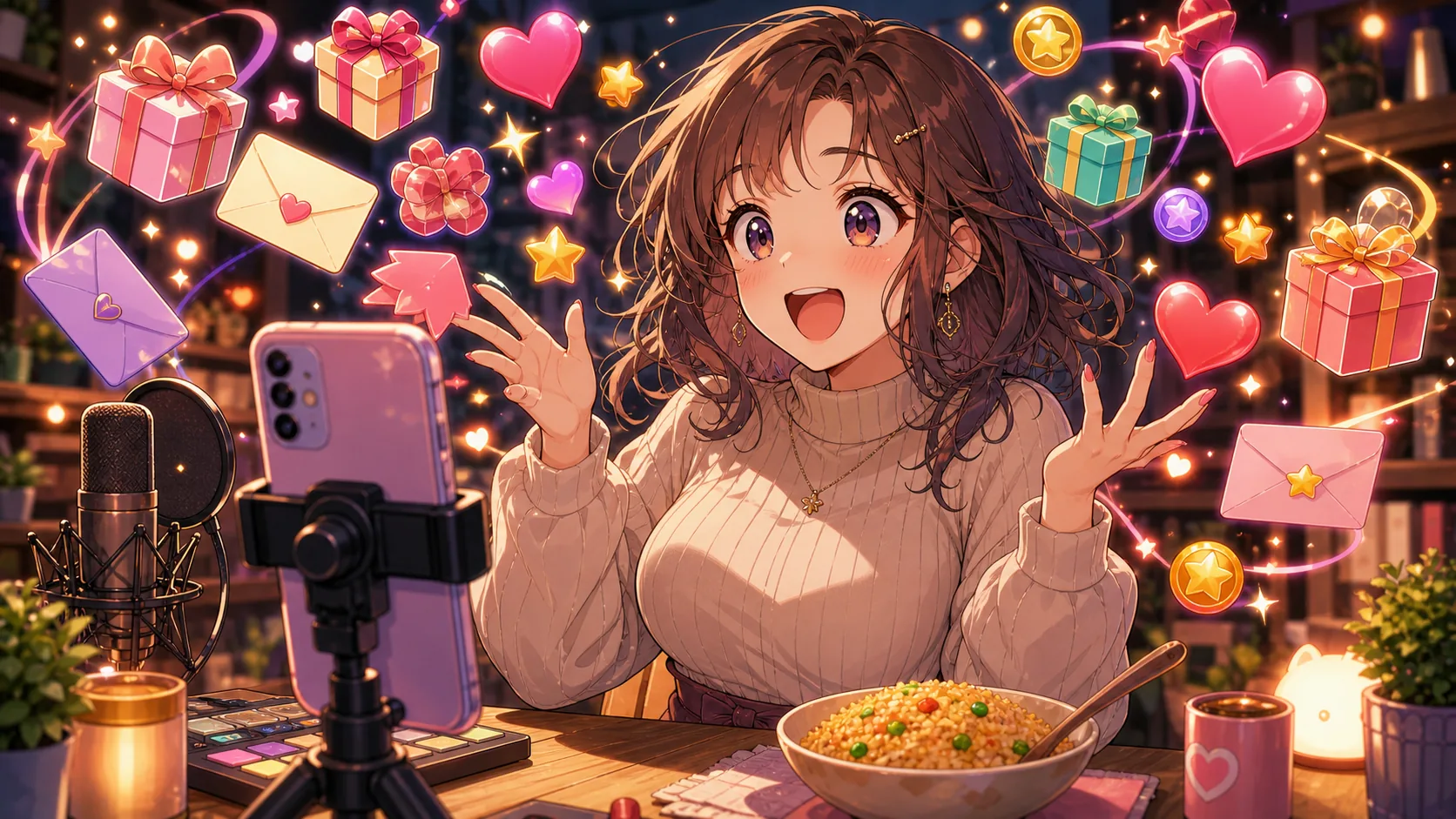 ギフトや質問で配信の話題が次々に変わる様子を表したオリジナル女性キャラクターのイメージ