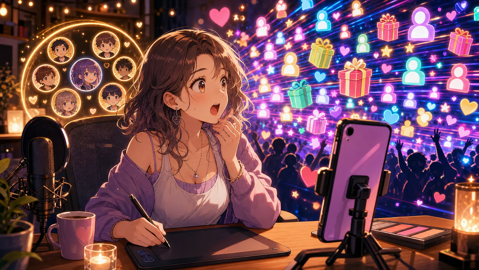 全体配信のコメント速度とアプリ導線を明るく整理するオリジナル女性キャラクターのイメージ