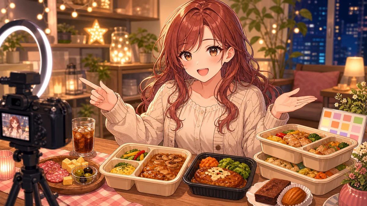 カメラと冷凍弁当の前で食事内容を見比べる女性キャラクター