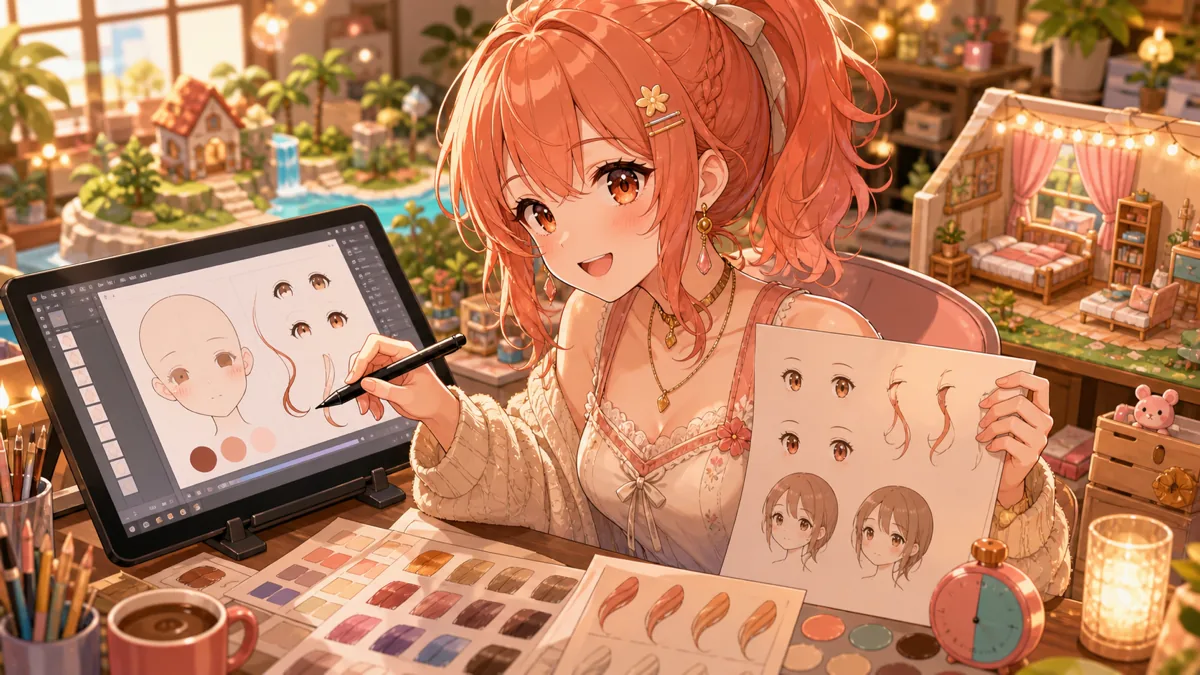 配信机で顔パーツと横毛のバランスを調整するオリジナル女性キャラクターのイメージ