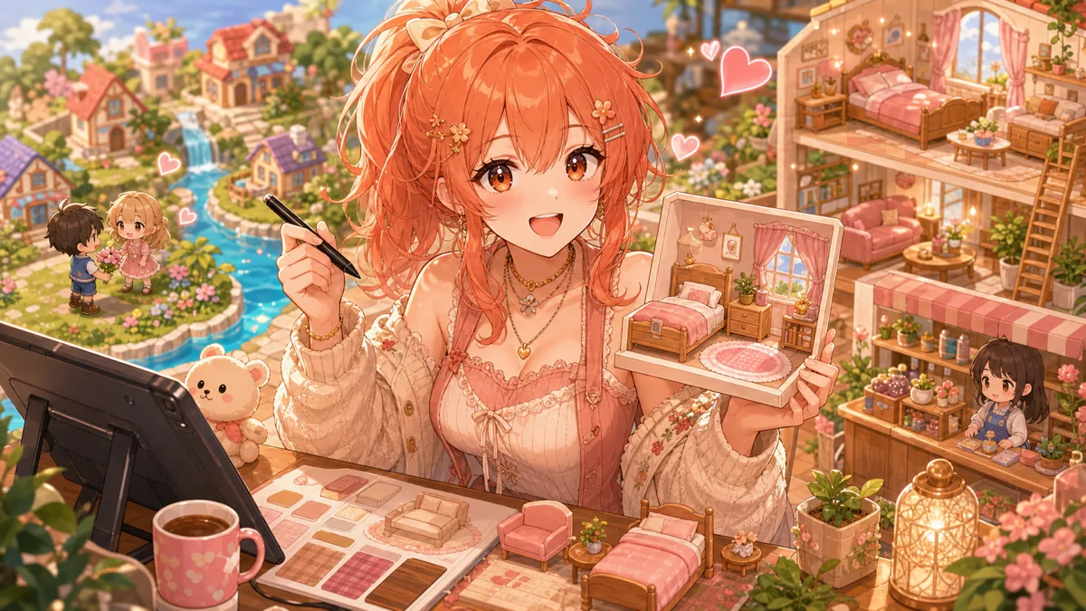 ミニチュア島と部屋リフォームを前に喜ぶオリジナル女性キャラクターのイメージ