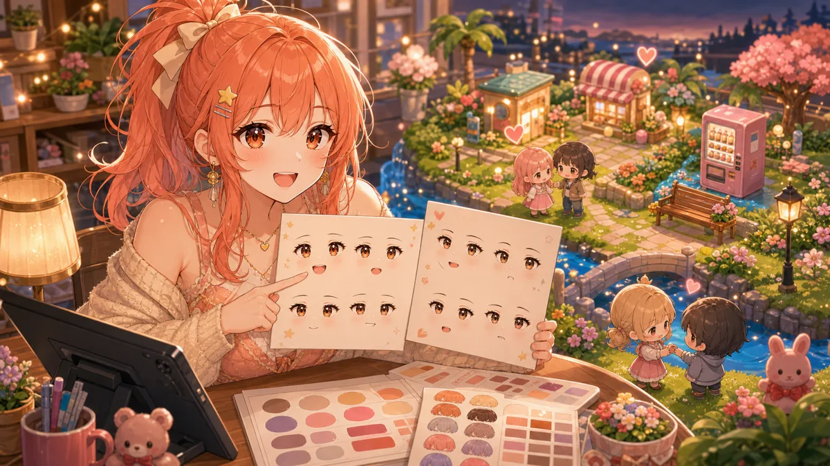 夜の島を背景に表情シートを見比べるオリジナル女性キャラクターのイメージ