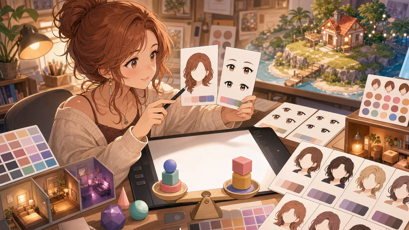 顔パーツと髪の情報量を見比べながら調整するオリジナル女性キャラクターのイメージ