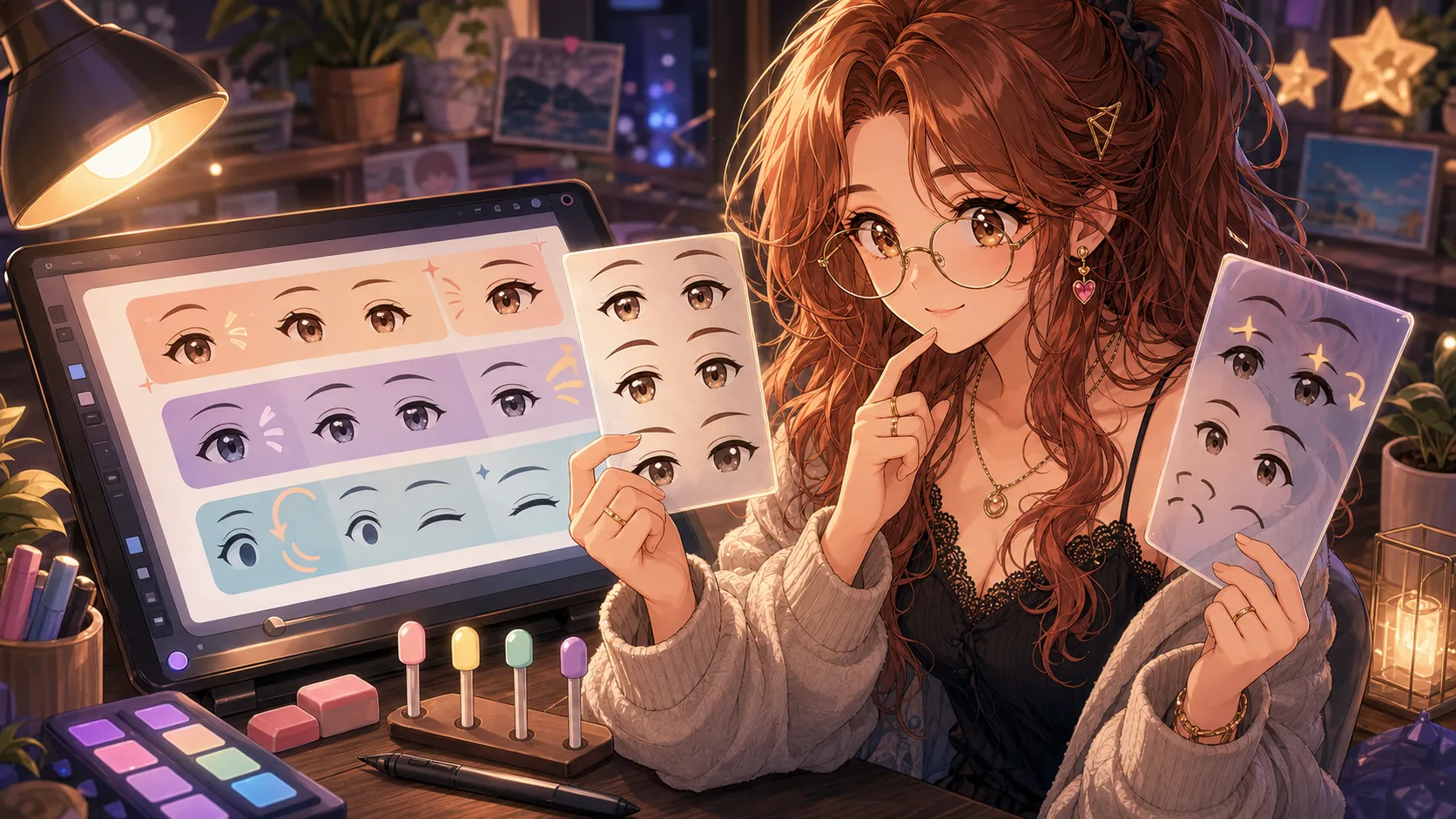 表情シートと小さな顔パーツを比べて目元を引き算するオリジナル女性キャラクターのイメージ