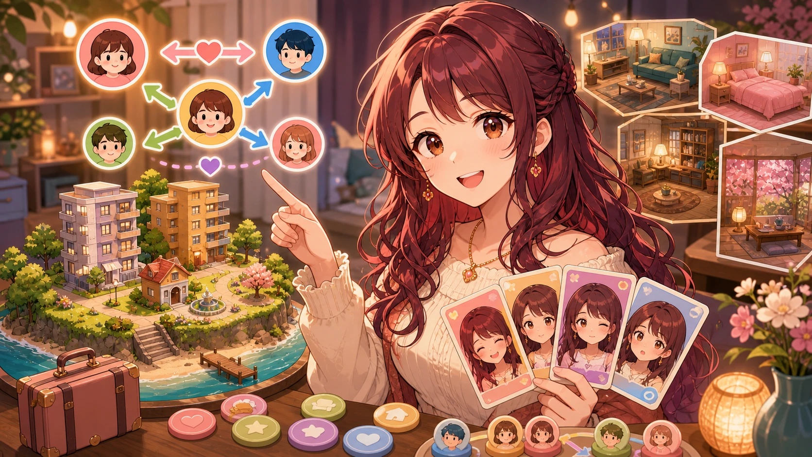 ミニチュアの島と表情カードを見比べながら住人の関係や部屋を整理するオリジナル女性キャラクターのイメージ