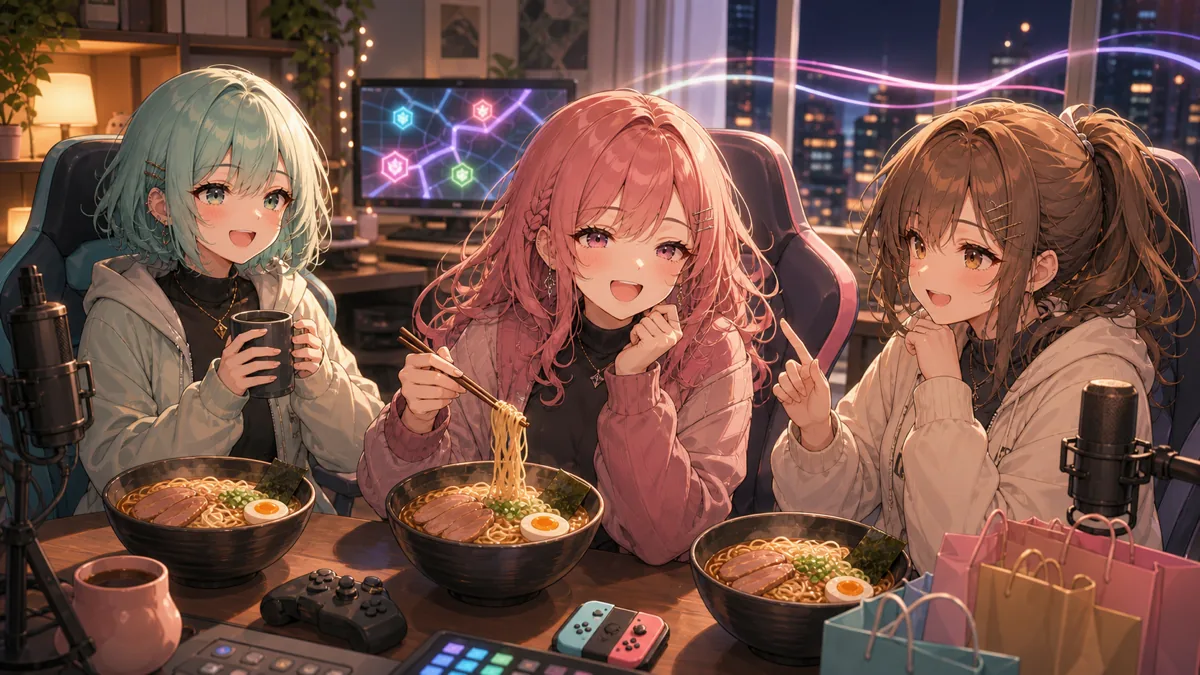 試合の合間に食事と買い物の話をするオリジナル女性キャラクター三人の配信部屋