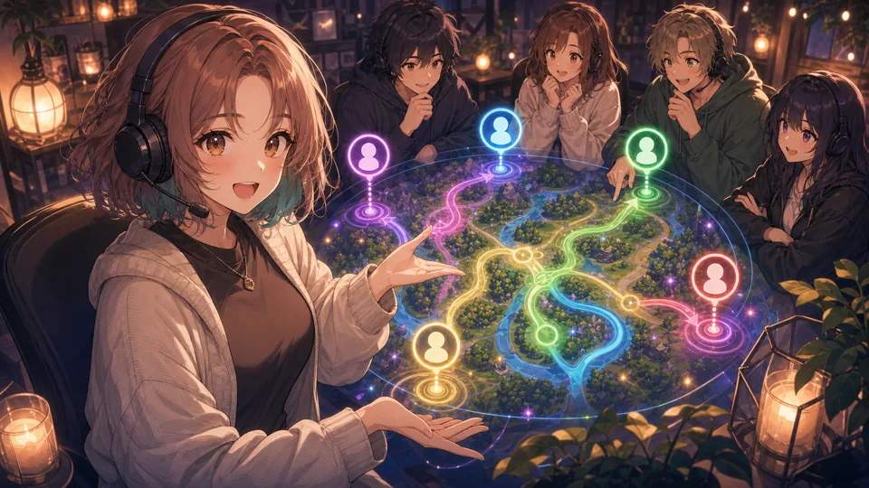 ロール相談をするオリジナル配信者キャラクターのイラスト